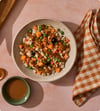 Beef-Glazed Chicken bowl of fresh dog food with chicken, sweet potato and peas under savory drizzle