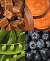 Fresh ingredients - meat, sweet potato, peas, and blueberries